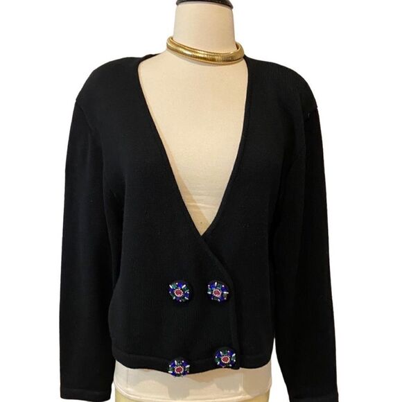 Vintage Robert Scott Ltd Black Cardigan Lambswool Blend Large Beaded Buttons - Picture 5 of 15